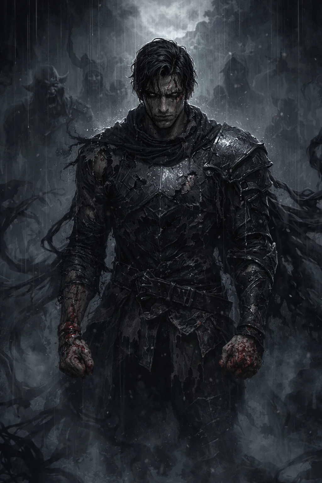 Bloodied warrior standing alone in the rain at night