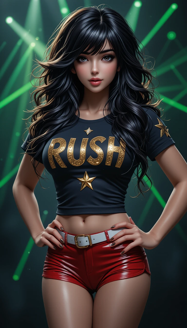 Busty woman in band shirt posing on laser lit stage