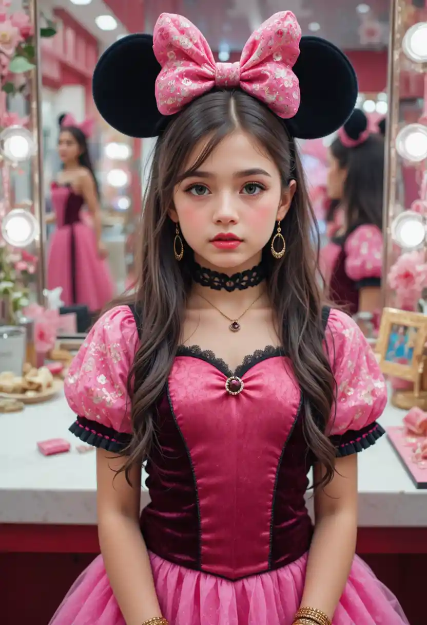 Garçon préado en robe rose inspirée de Minnie devant une coiffeuse de boutique
