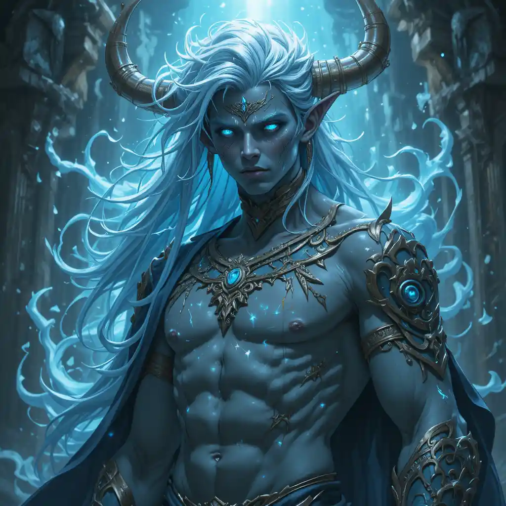 Pale blue eyed illusion god in a fantasy realm