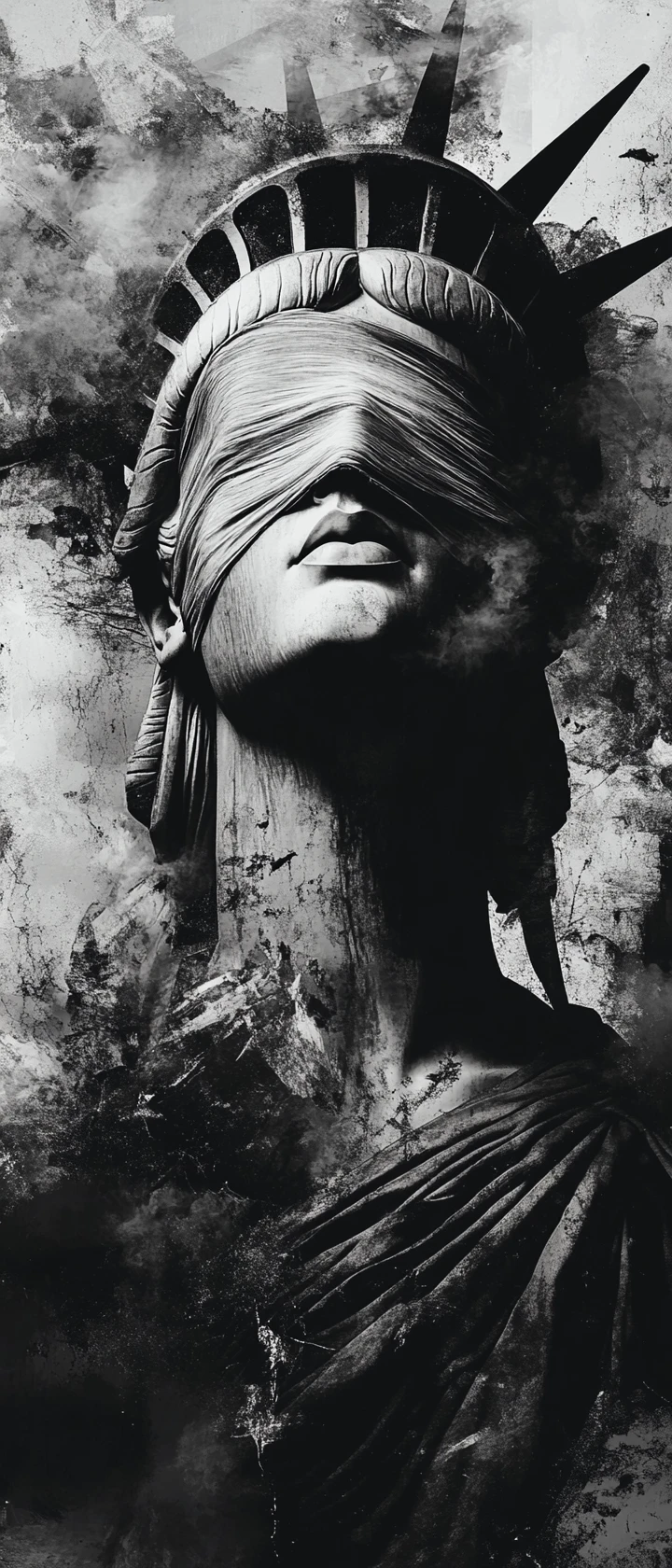 Statua della Libertà bendata in collage monocromatico frammentato