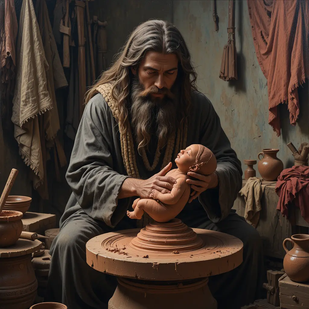 Bearded man shaping a baby statue from red clay