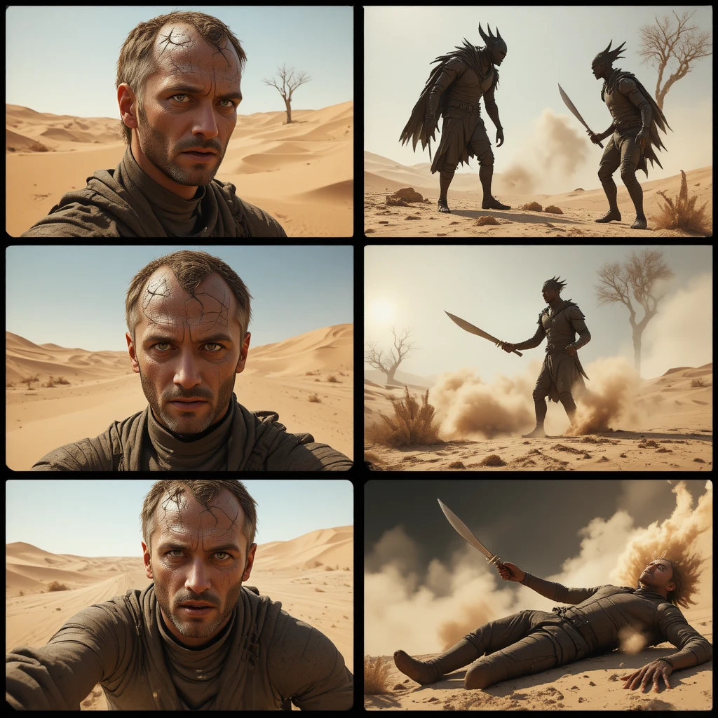 Lone man walking under harsh sunlight in endless desert