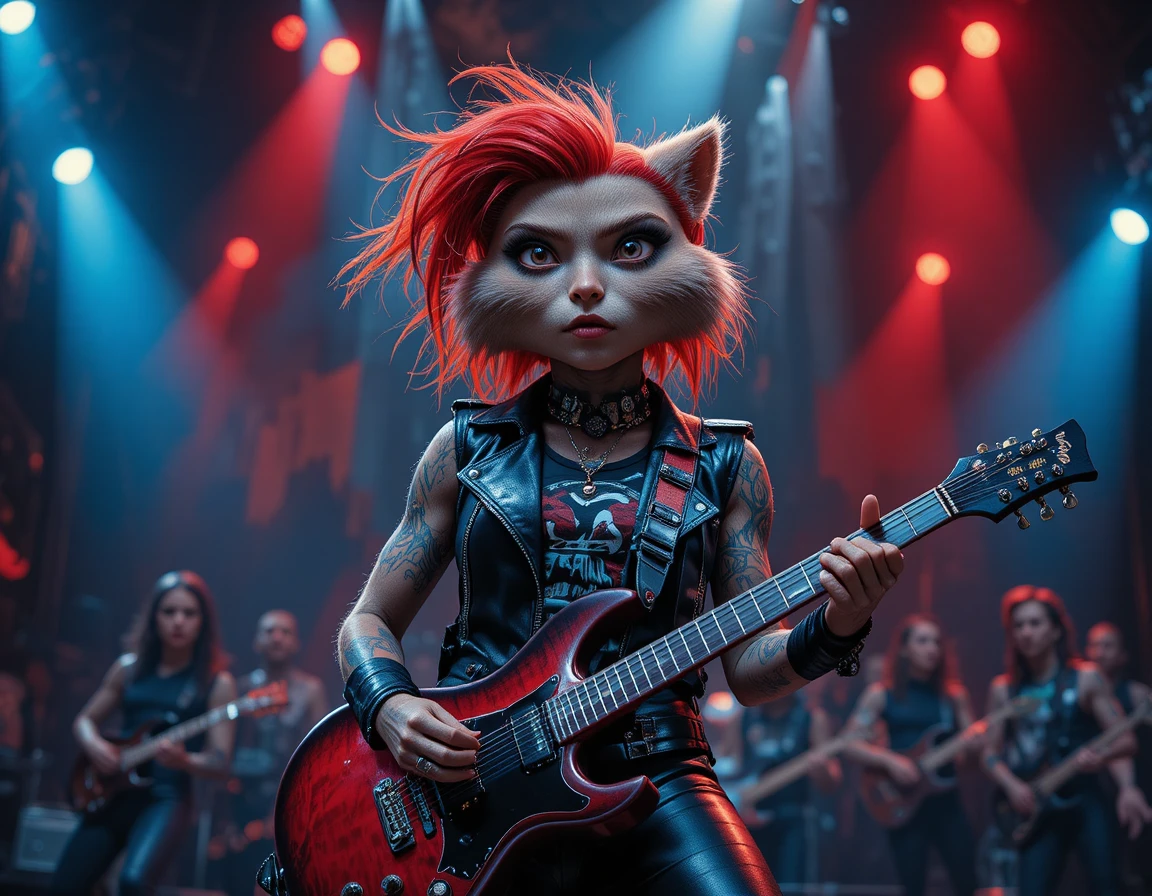 Nutria guitarrista antropomórfica en un dramático escenario de rock