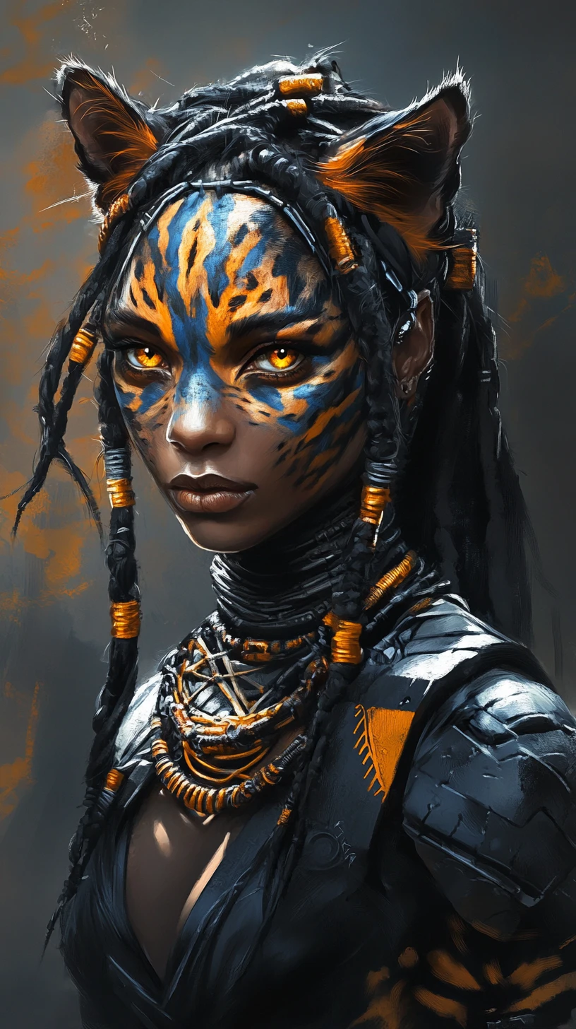 Feline faced sci fi warrior woman with glowing yellow eyes