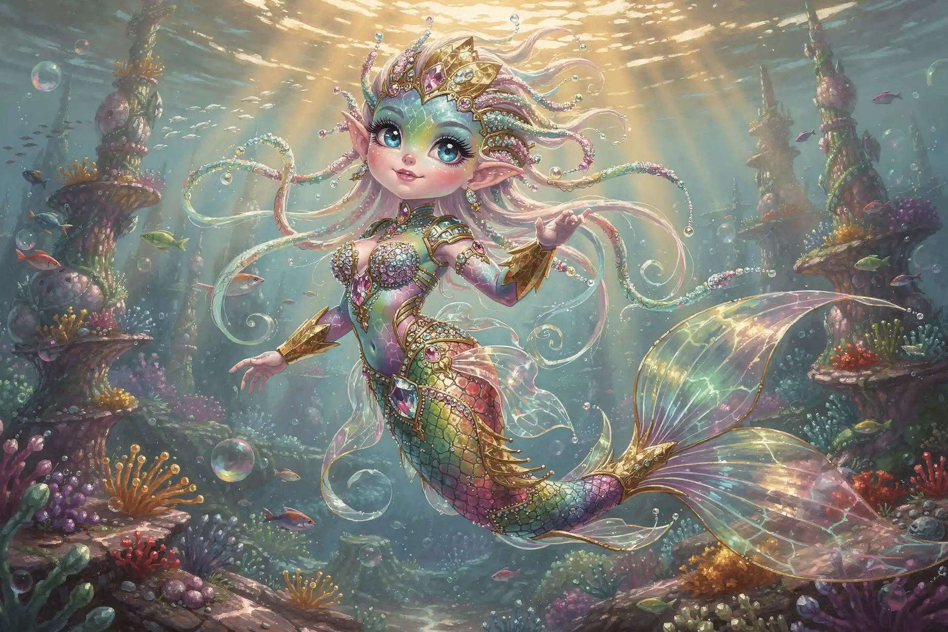 Surreal rainbow mermaid rising through luminous underwater depths