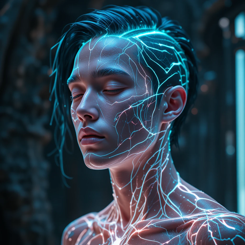 Futuristic man with glowing turquoise bio energy circuits