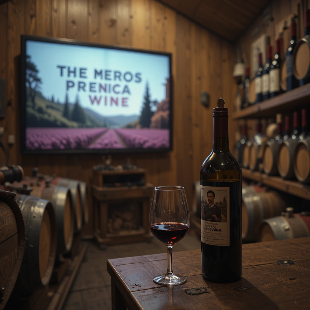 Televisión que muestra anuncios de vino en una bodega