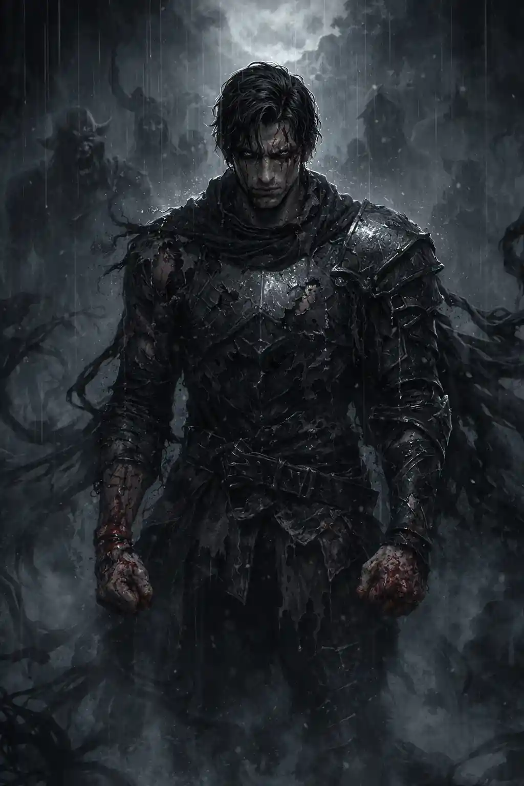Bloodied warrior standing alone in the rain at night