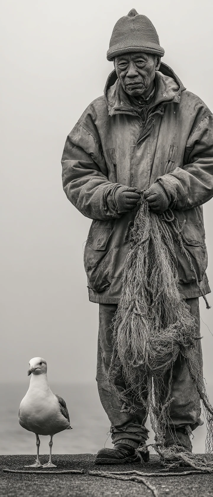 안개 낀 부두에서 찢어진 그물을 고치는 노어부