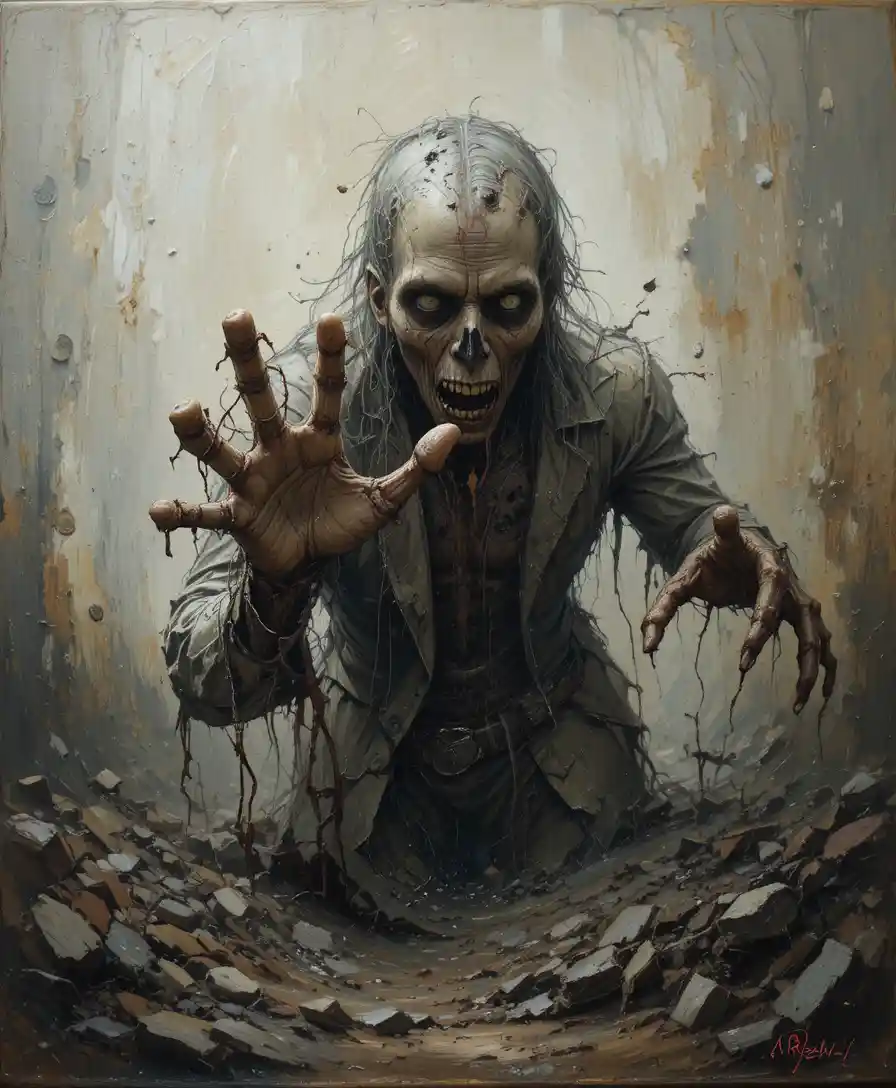 Zombie crawling from the ground in gritty horror oil painting