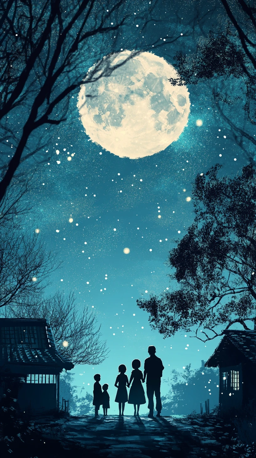 Family standing together beneath a peaceful starry night sky