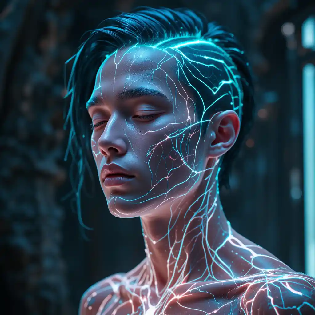 Futuristic man with glowing turquoise bio energy circuits