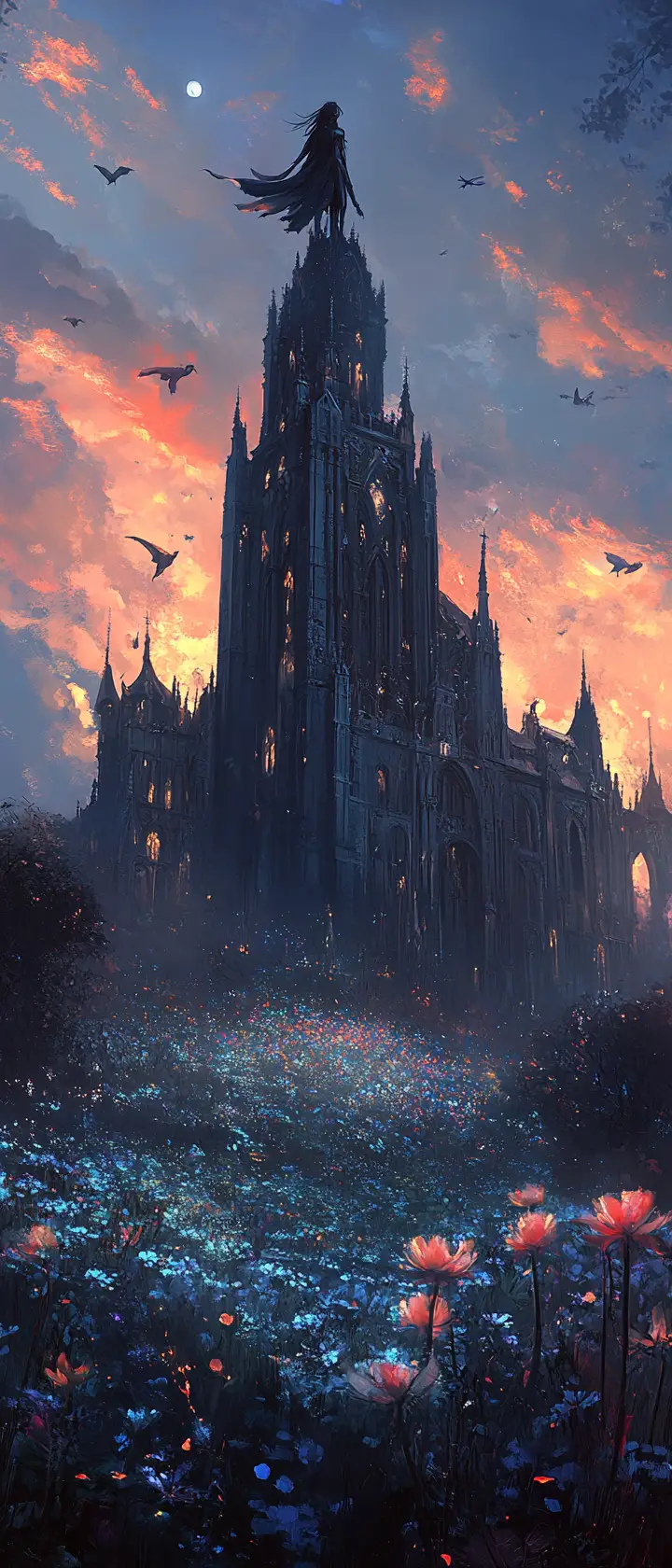 Dark haired superhero on gothic church at twilight