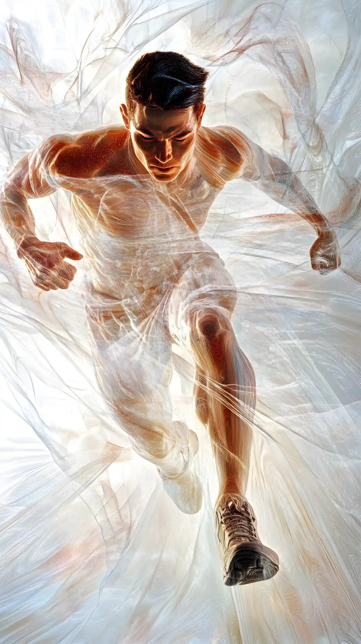 Man sprinting upward through swirling abstract color lines
