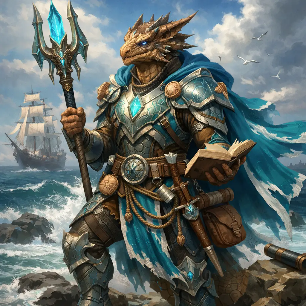 Bronze dragonborn paladin explorer with ocean themed armor