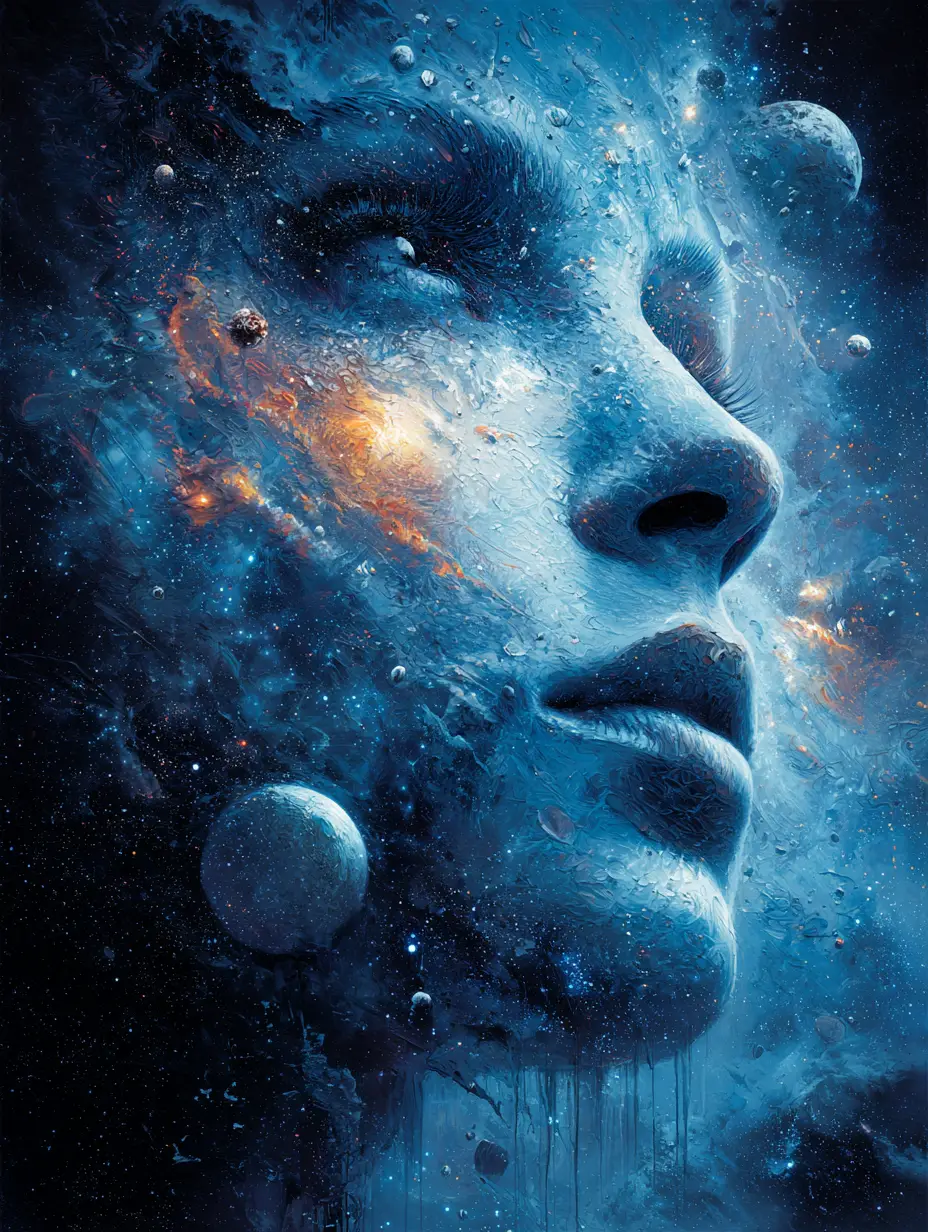 Surreal cosmic woman face formed from galaxies and nebulae