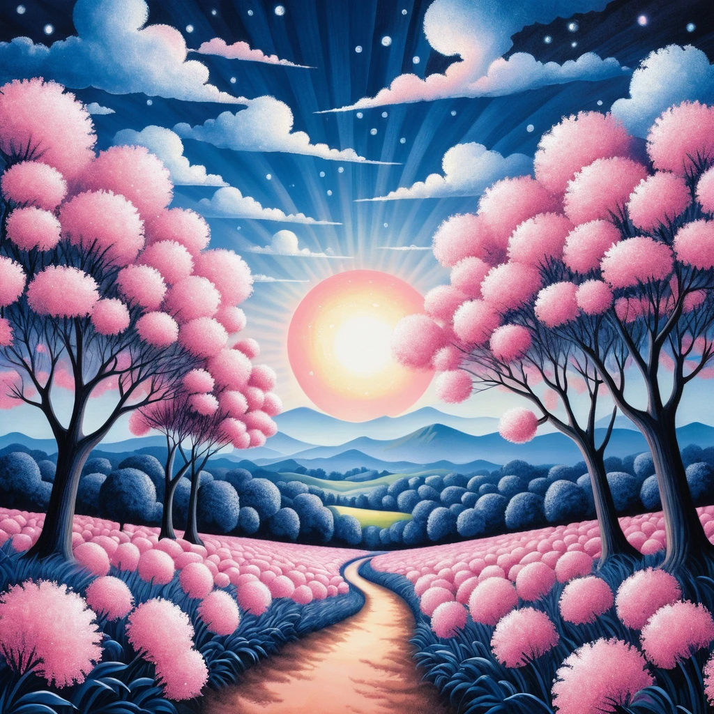 Surreal summer field with pink trees under a bright sun