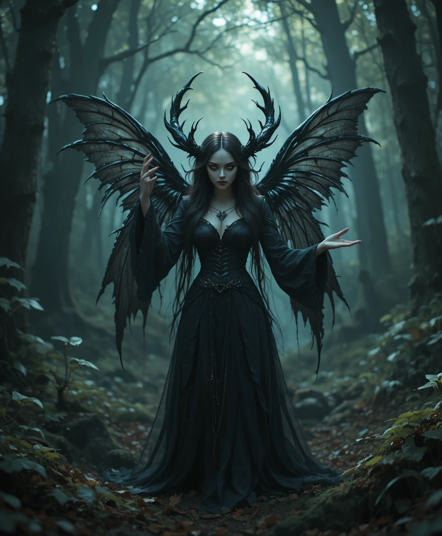 Dark Winged Fairy Casting Magic In Shadowy Forest