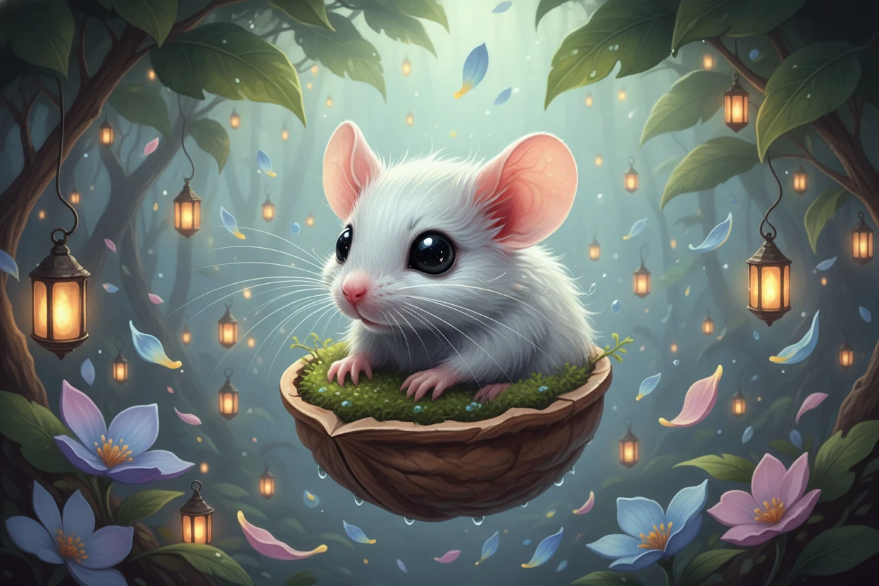 Tiny white baby mouse in a walnut shell under moonlight
