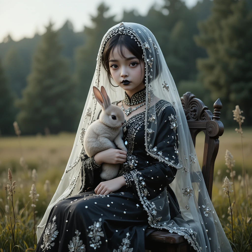 戶外坐在質樸椅子上抱著兔子的超現實女孩