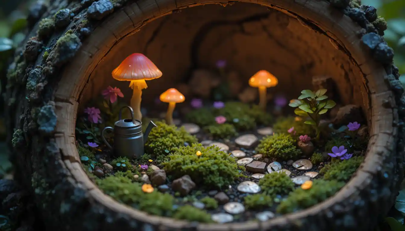 Jardin de Fées Miniature dans une Bûche Creuse avec Champignons Lumineux
