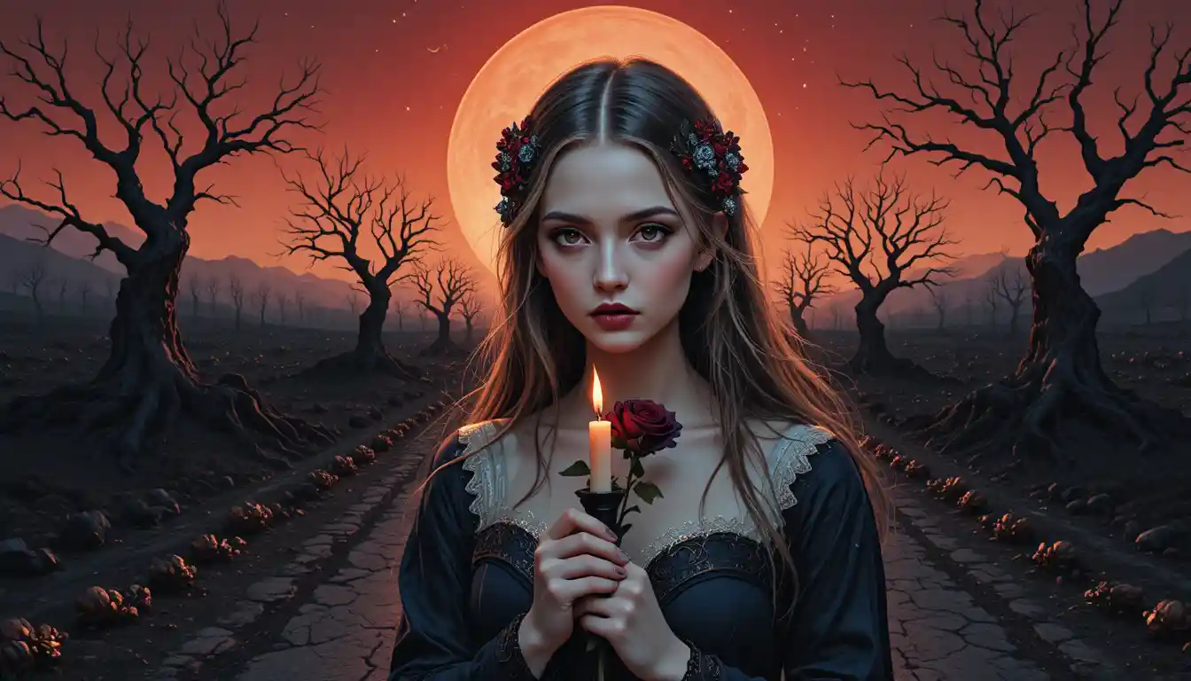 Vampire widow holding a black rose on the road to infinity