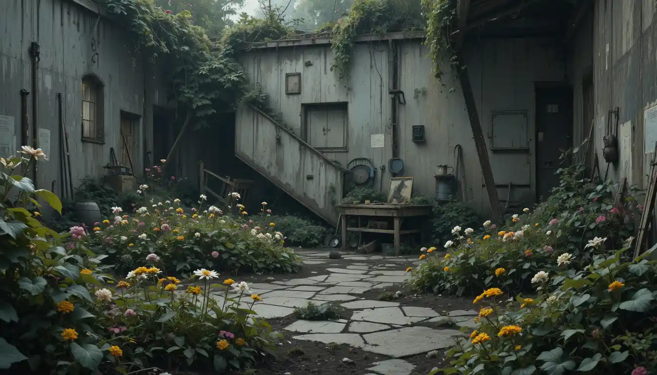 Abandoned city allotment reclaimed by wildflowers and vines
