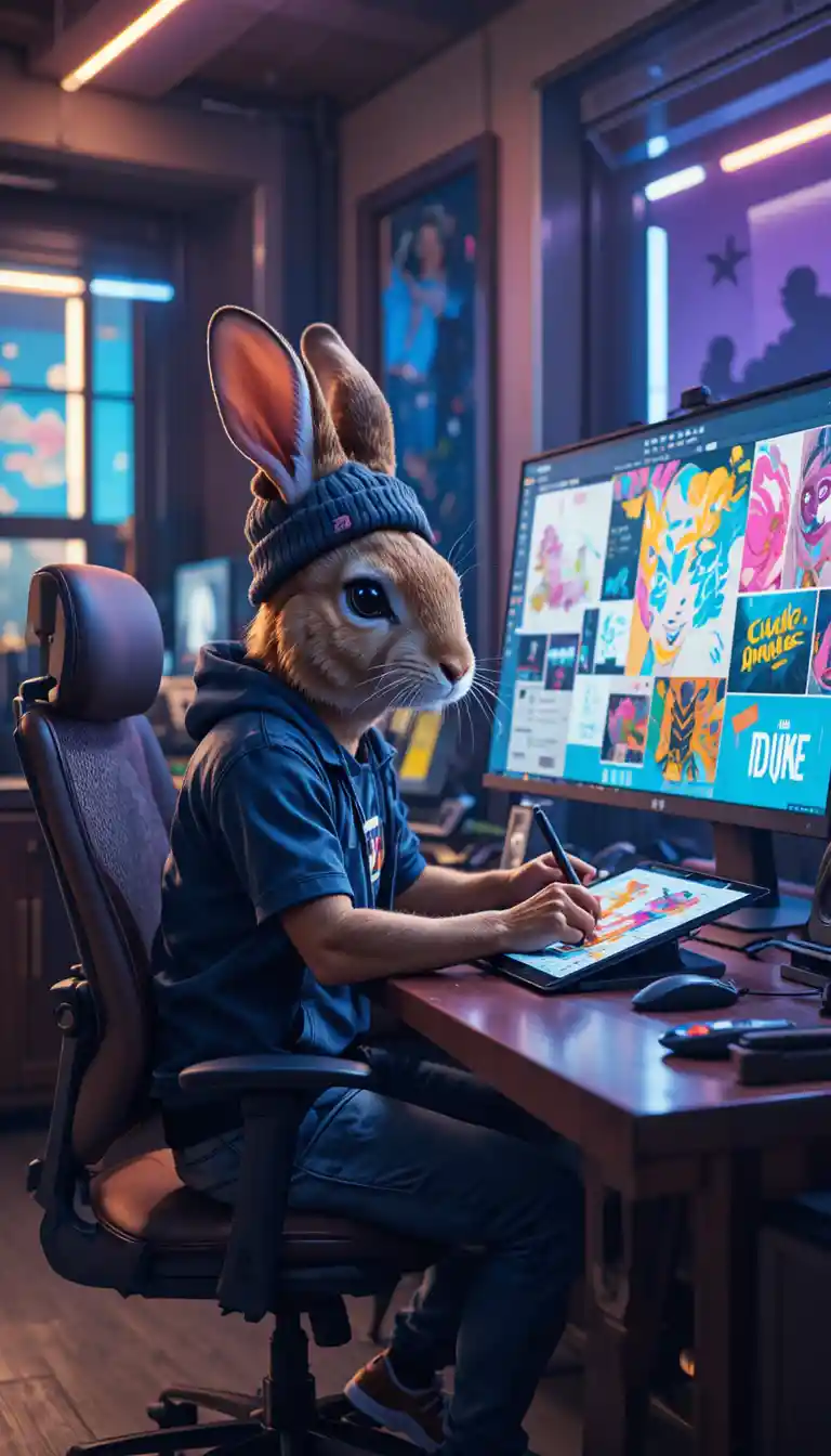 Creative rabbit graphic designer in a neon lit studio