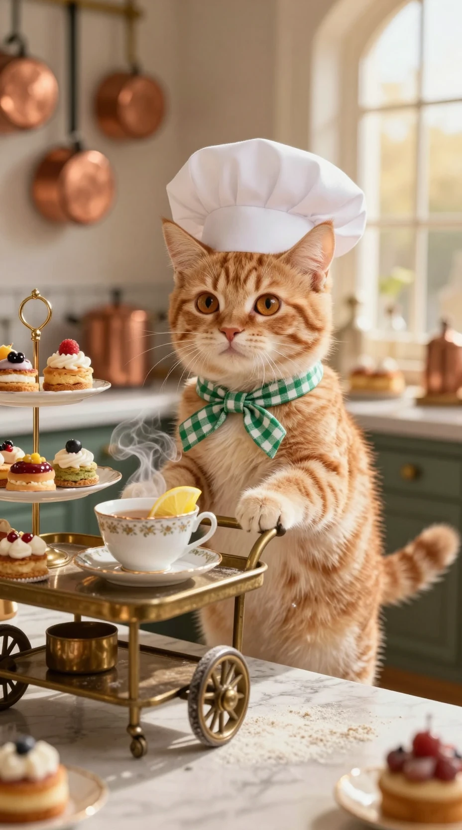 Gatito pelirrojo pastelero en una acogedora panadería francesa