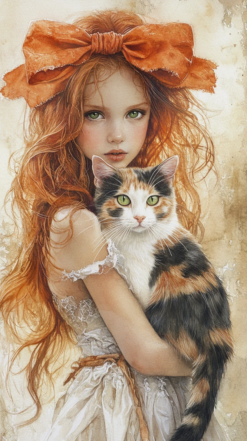 Red haired girl holding a calico cat in watercolor art