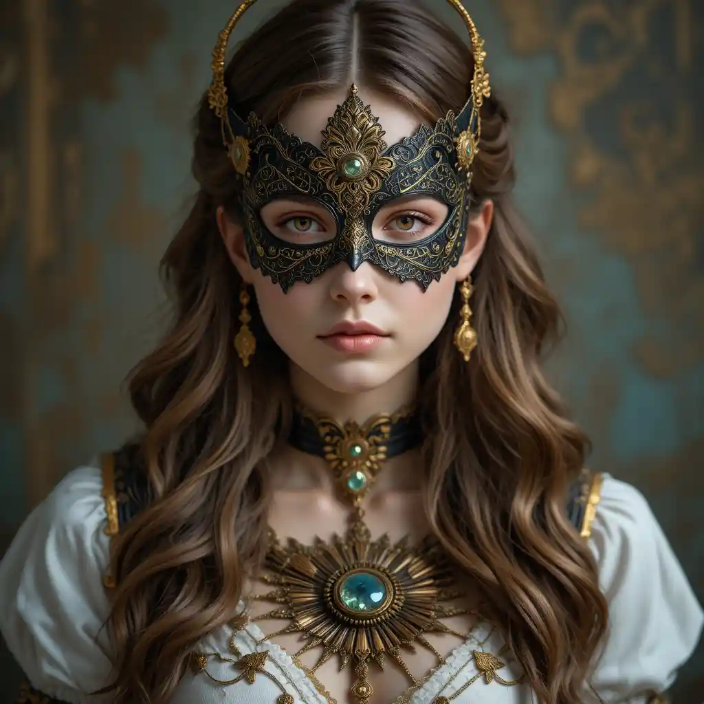 Maskierte Fantasy-Frau in prunkvollem Gold-Filigran-Porträt