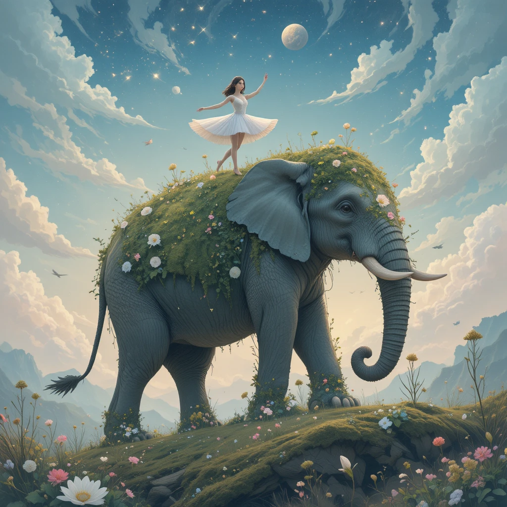 Ballerina che danza su un elefante gigante nel cielo fantastico