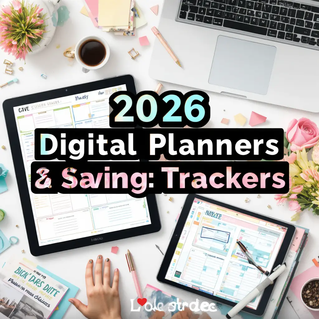 Espacio de trabajo flat lay con planificadores digitales en tablet y portátil