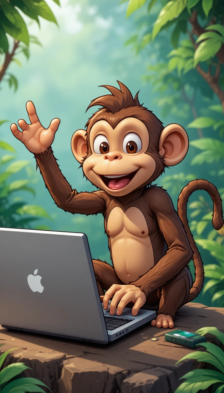 Cartoon monkey vlogger sitting with a laptop on camera