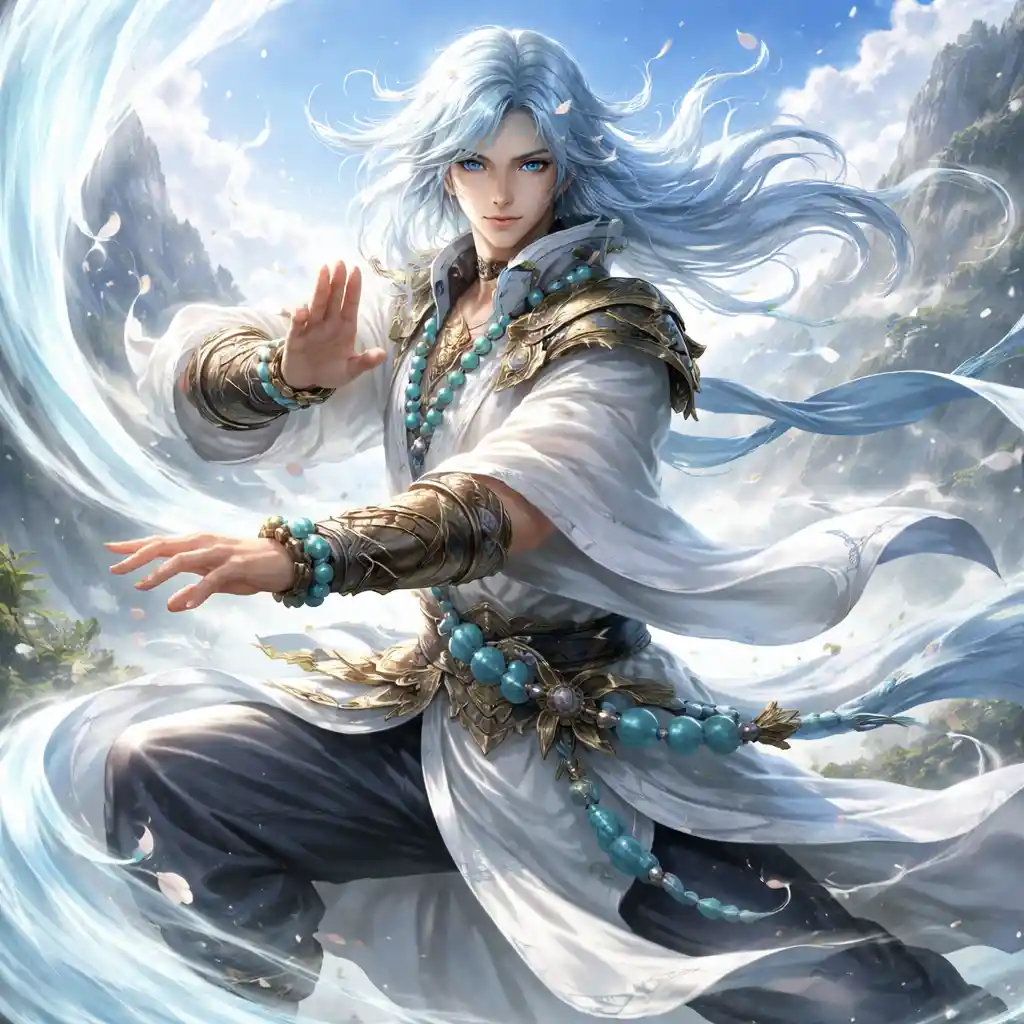 Monje guerrero del viento con cabello azul claro y túnica blanca