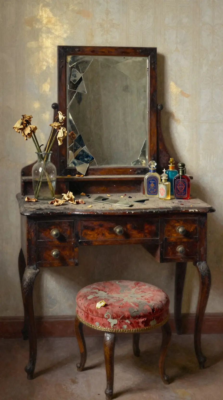 Old wooden vanity with broken mirror and dusty stool