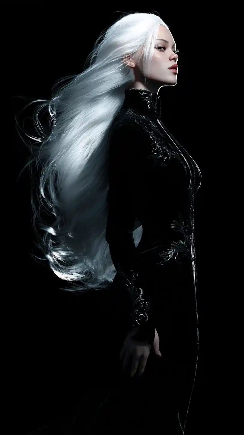 Gothic woman in black gown against an infinite dark void