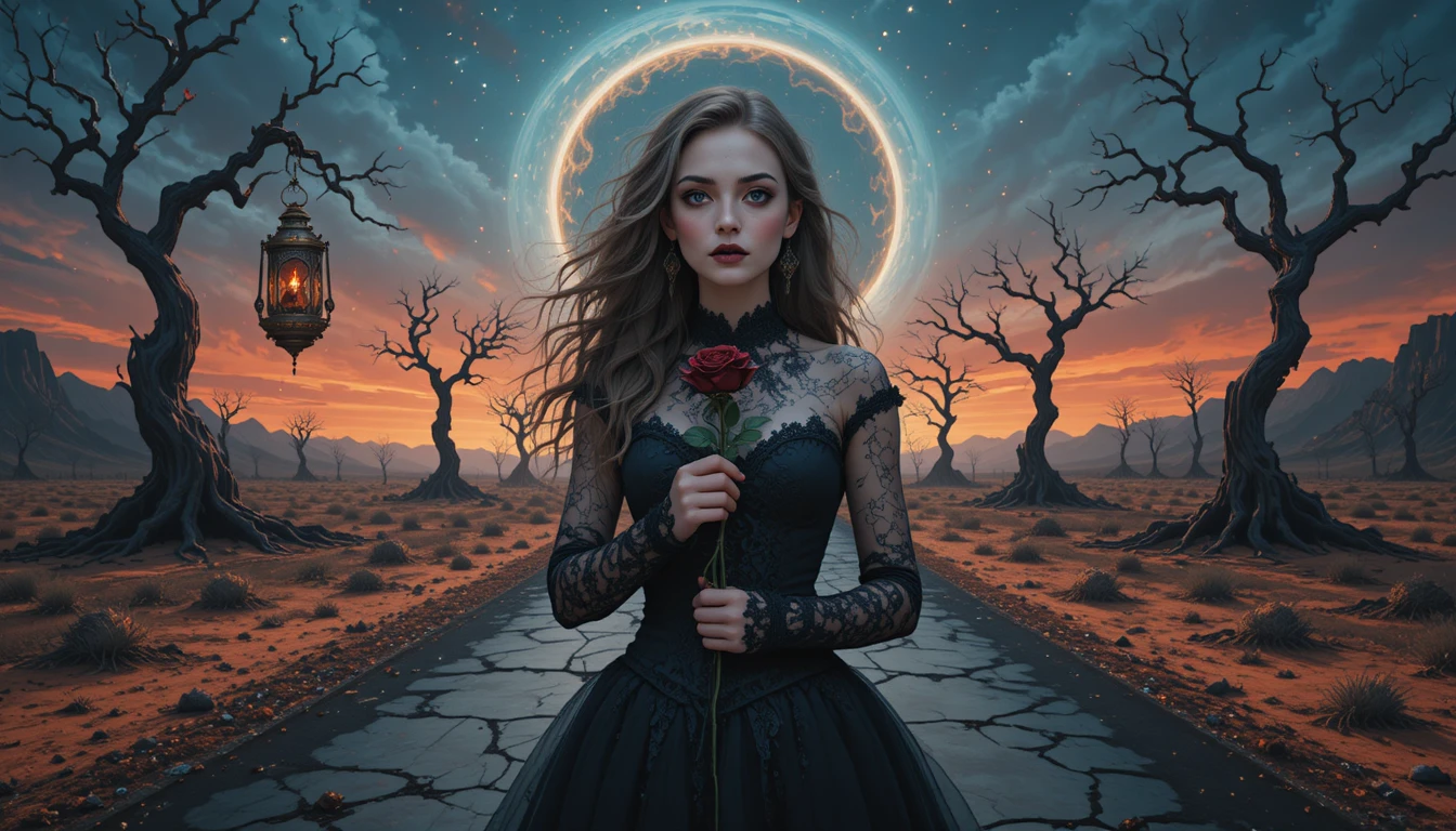 Gothic vampire woman with black rose under morning star