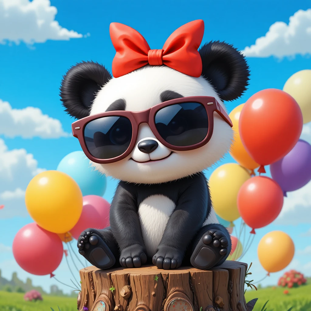 Panda de Dessin Animé Joyeux avec Ballons sous un Ciel Bleu Brillant
