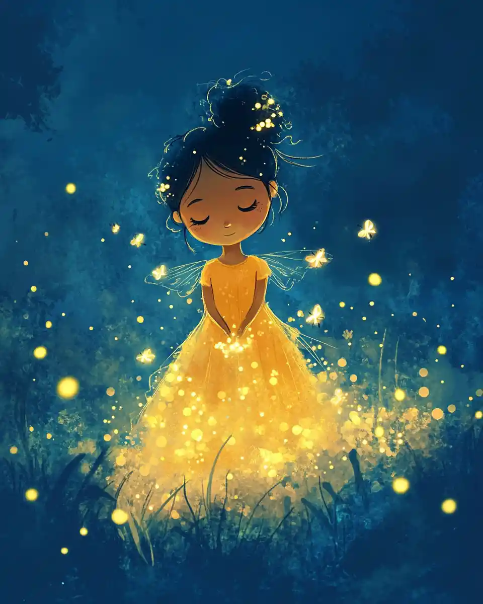 Summer fairy child glowing softly at twilight