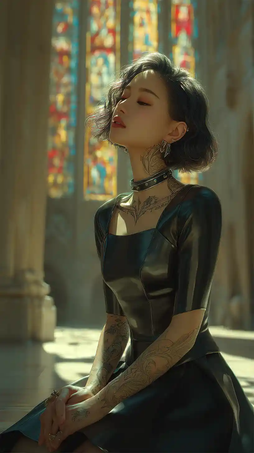 Taiwanese woman in black dress in sunlit cathedral