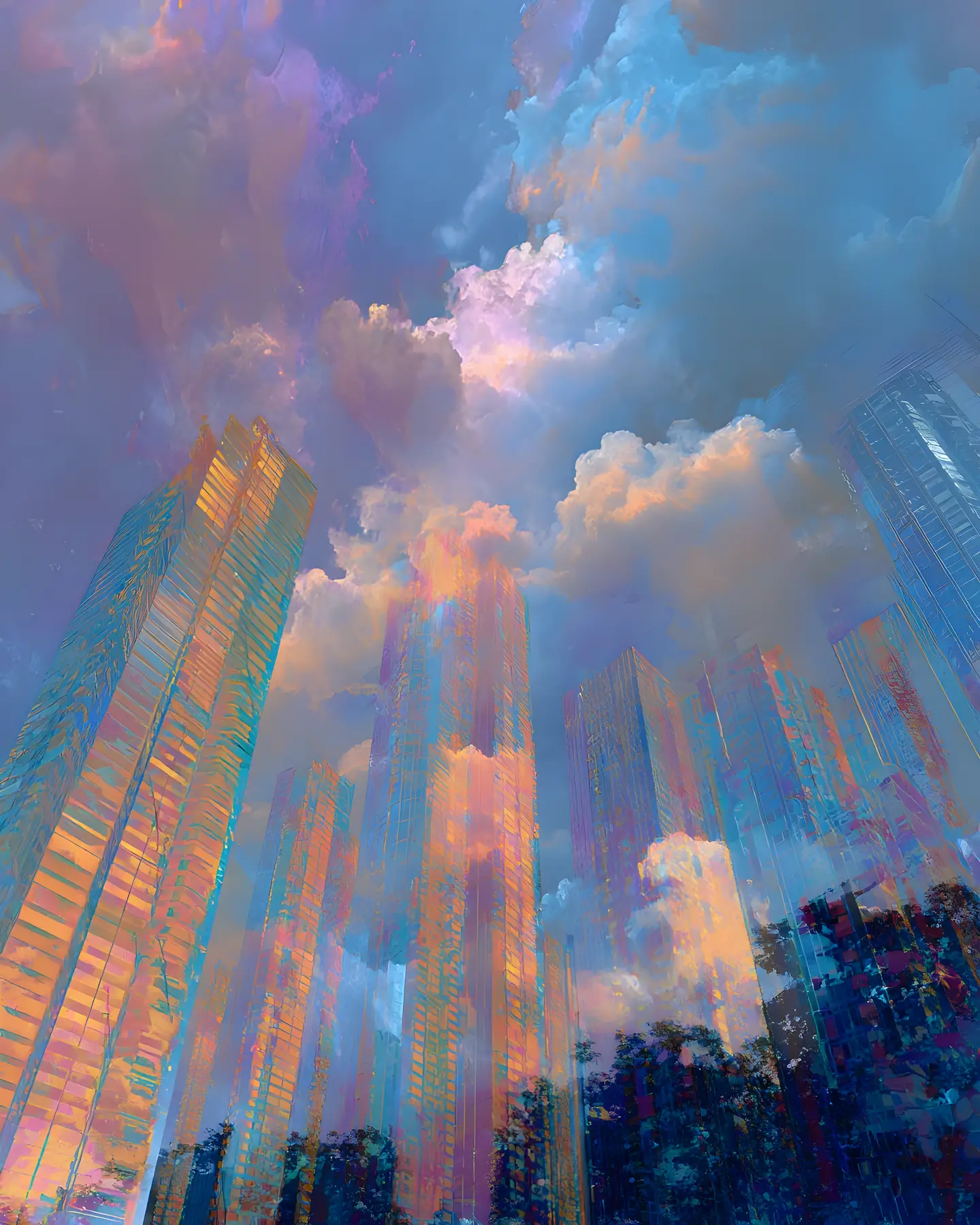 Two merging worlds with towering surreal skyscrapers