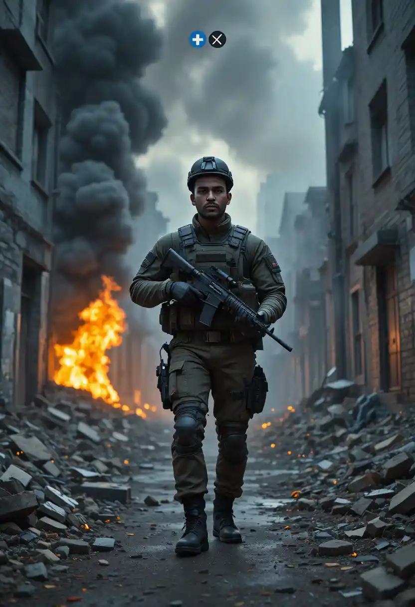 Armed soldier advancing through burning war torn city street