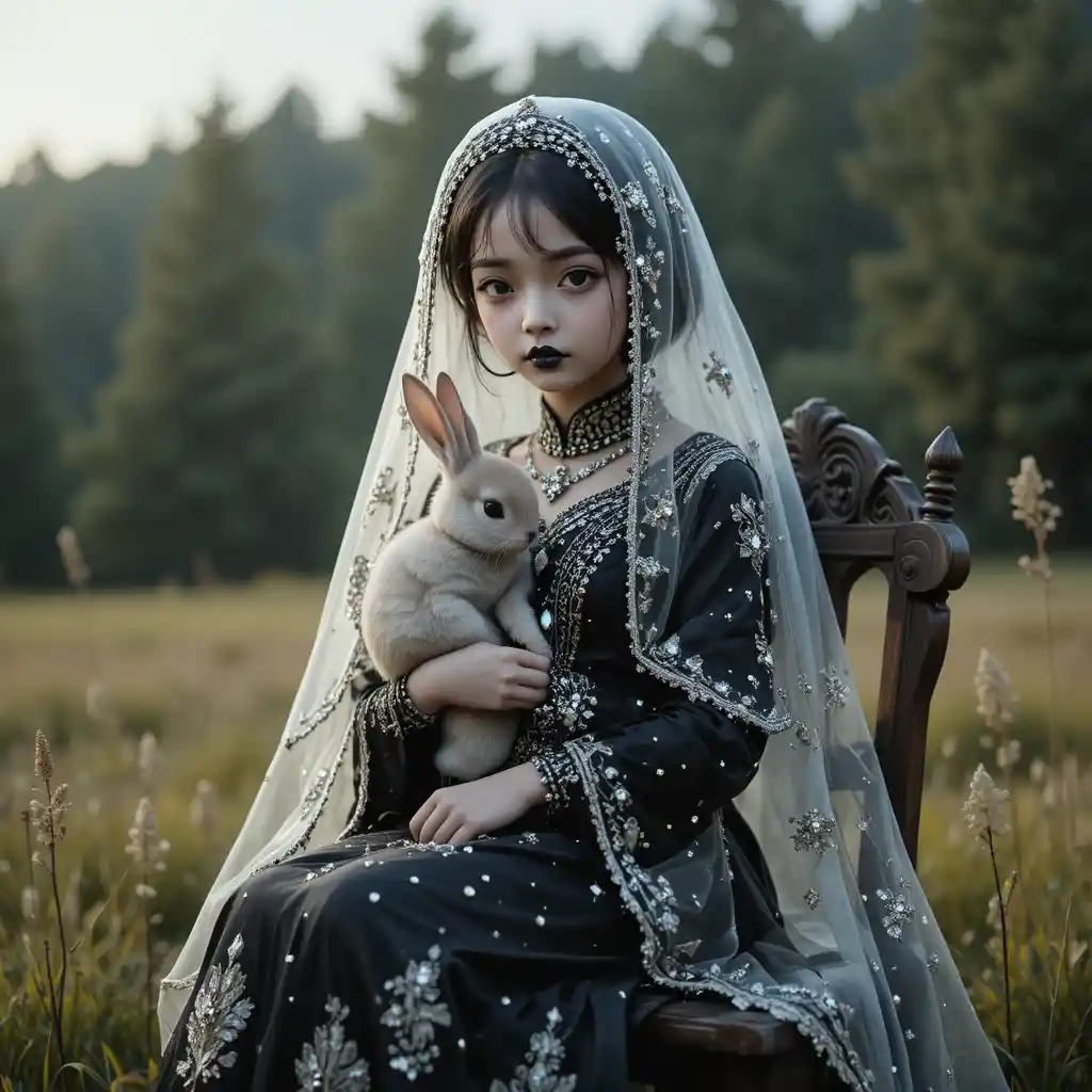 Surreal girl holding a rabbit on a rustic chair outdoors