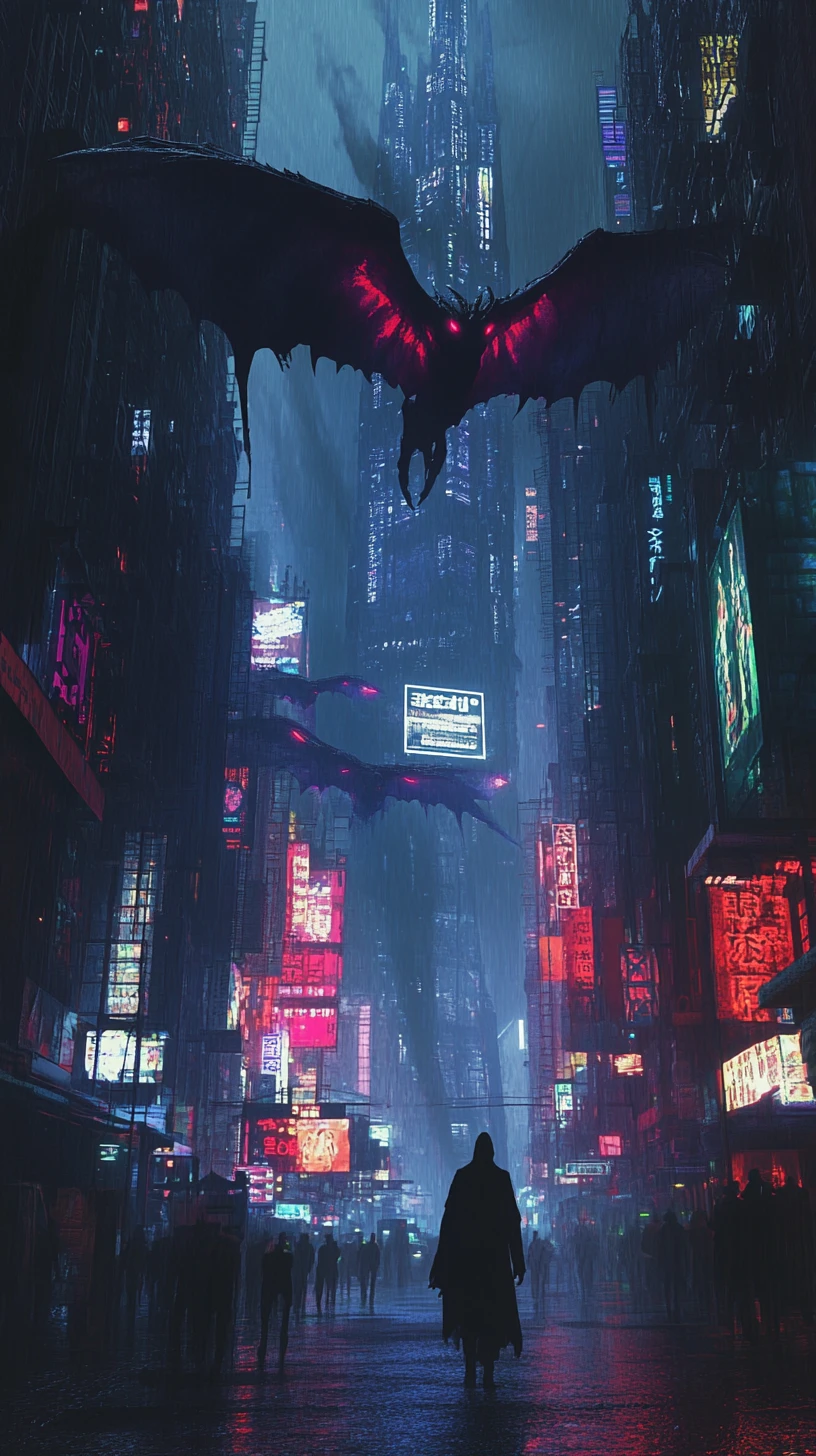 Ciudad futurista oscura con criaturas aladas al anochecer neón