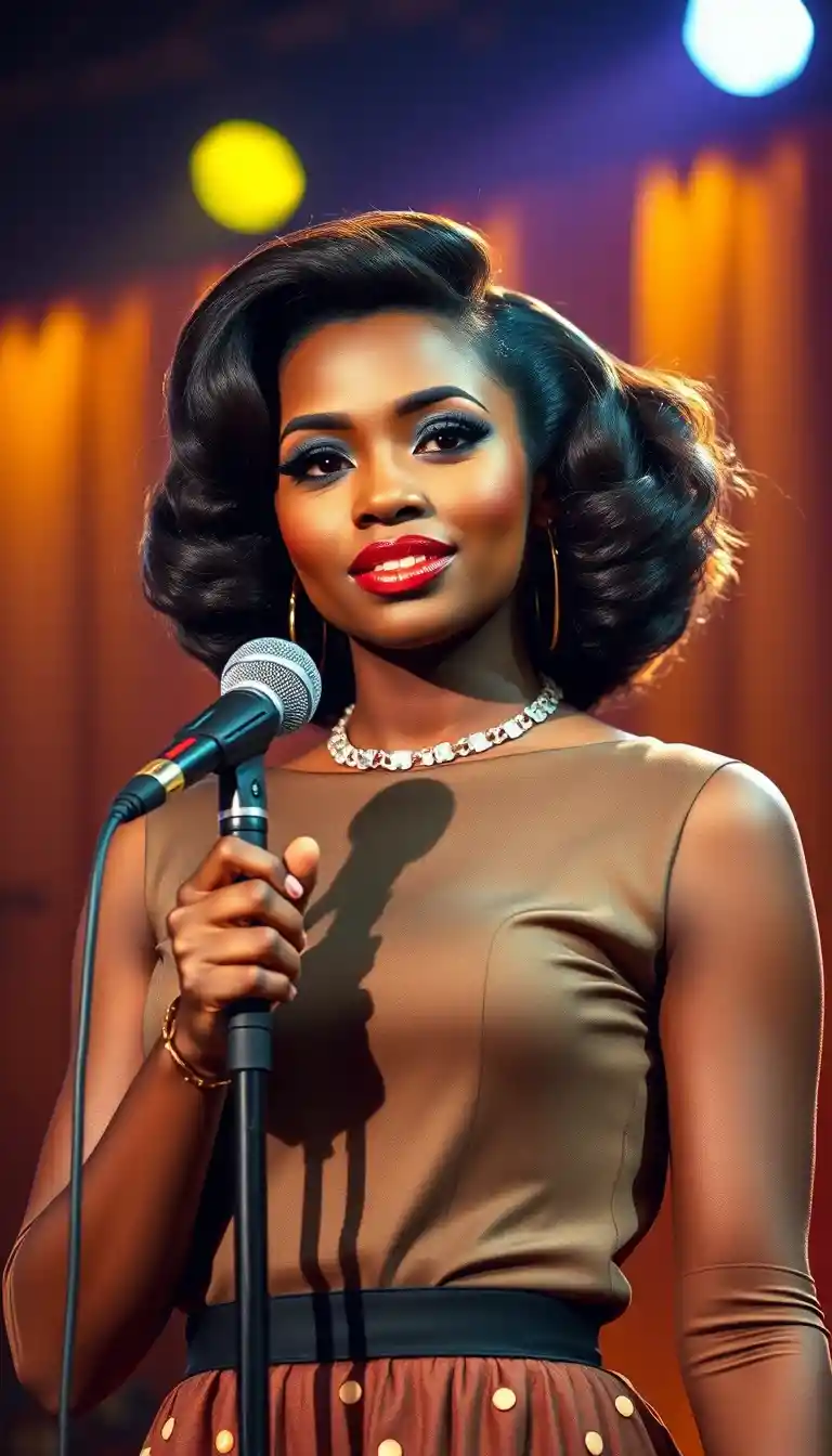 Vintage singer on stage holding a classic microphone
