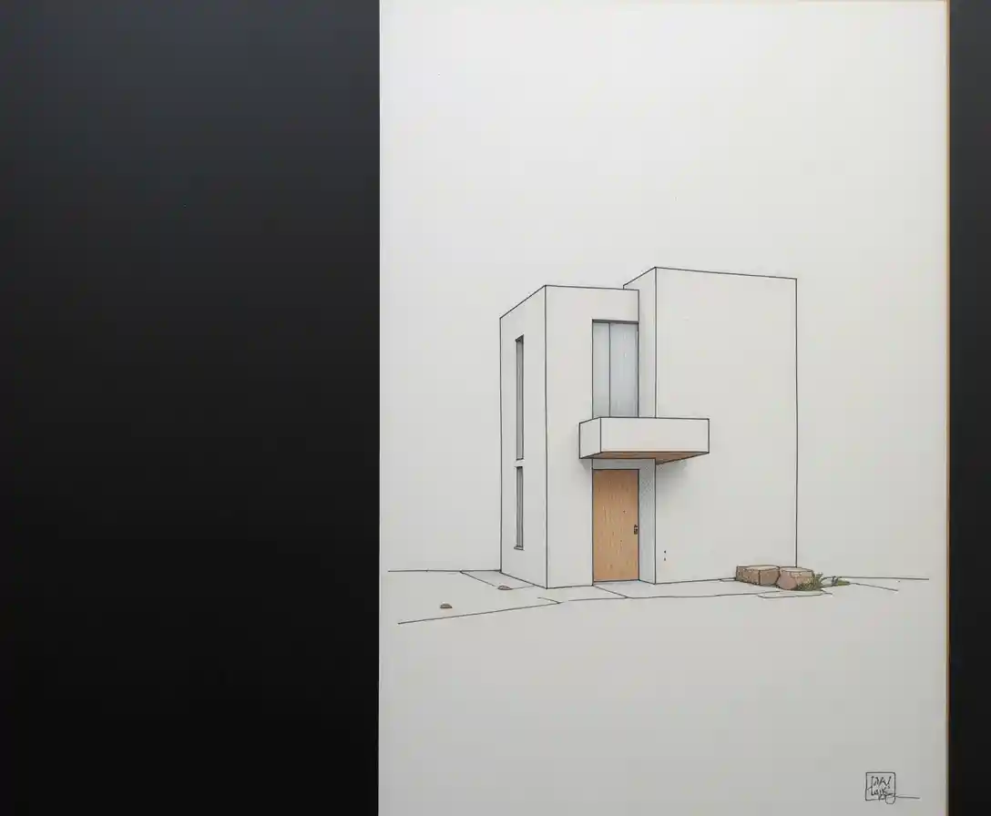 Dessin architectural minimaliste avec un seul bâtiment stylisé