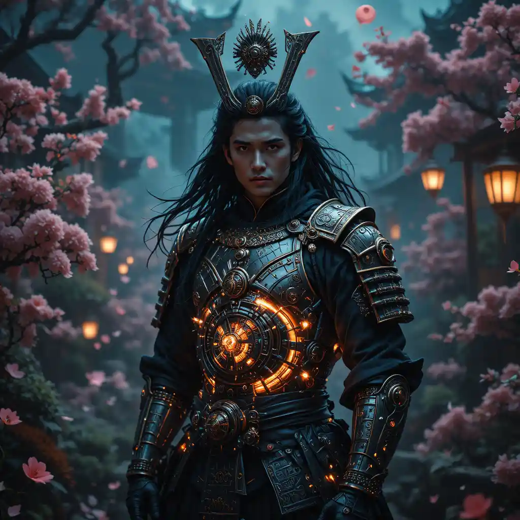 Gothic steampunk samurai in a surreal Japanese garden