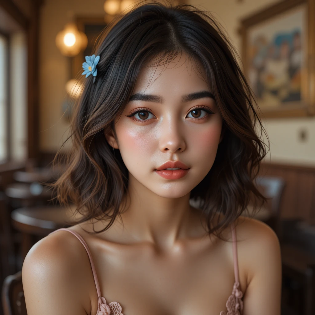 Young woman close up portrait in a warm cozy cafe